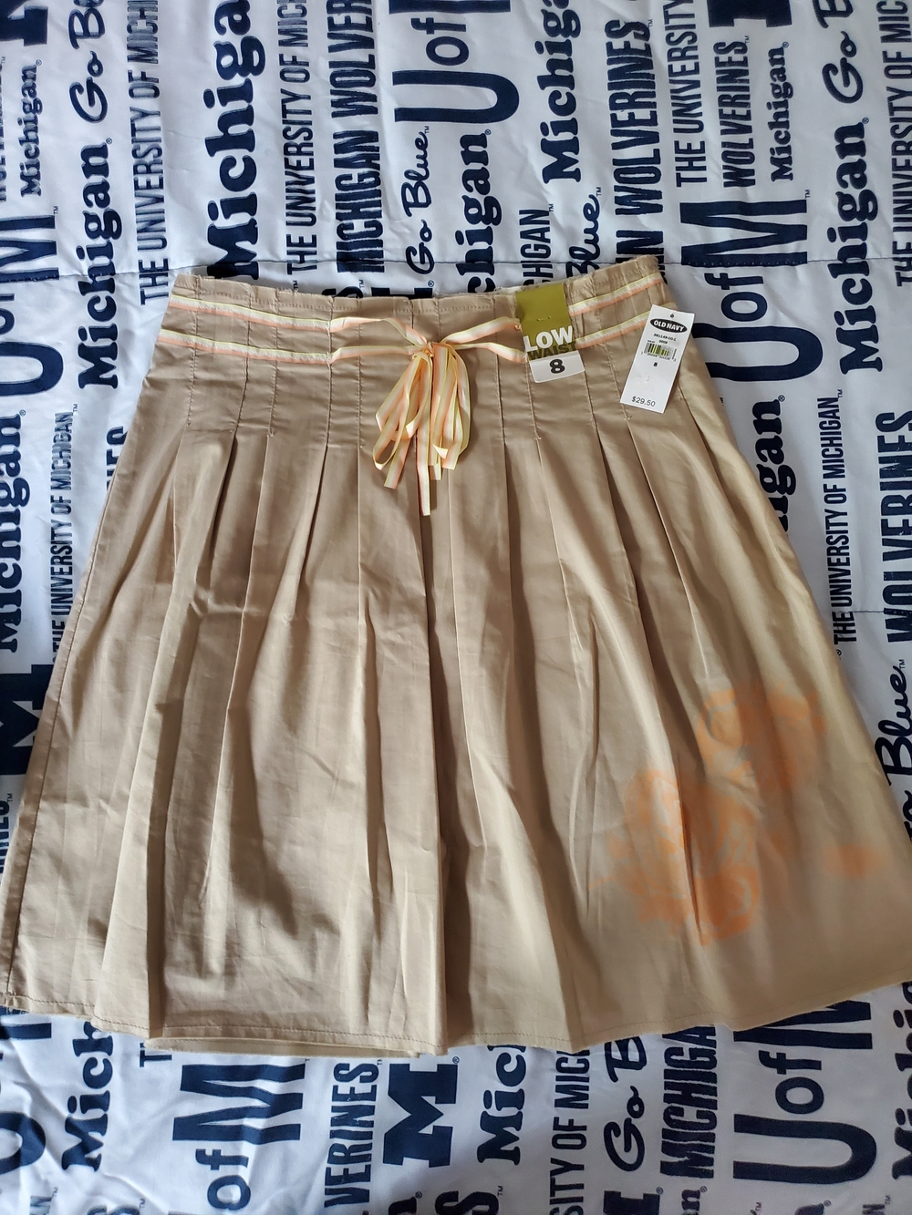 Old Navy Khaki A-Line Pleated Skirt with Ribbon Detail